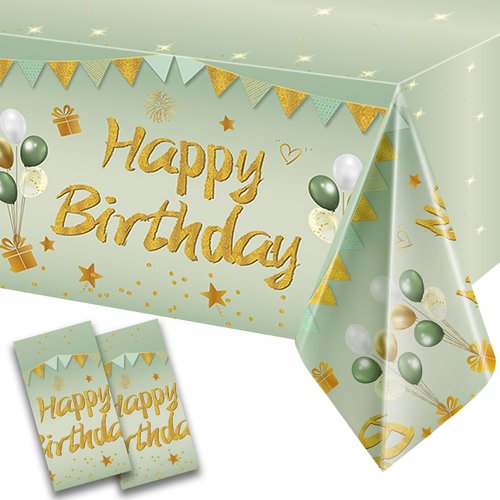 2Pcs Sage Green Birthday Tablecloth Decorations for Women Girls, Light Green Happy Birthday Table Cover Party Supplies, 13th 16th 21st 30th 40th 50th Bday Plastic Disposable Rectangular Table Cloth