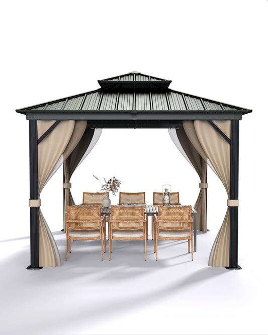 GarveeLife 10 ft x10 ft Hardtop Gazebo for All Weather, with Double Metal Roof, Aluminum Alloy Frame, Net, and Curtain, Permanent Building for Patio, Deck, Backyard, Lawn, and Garden