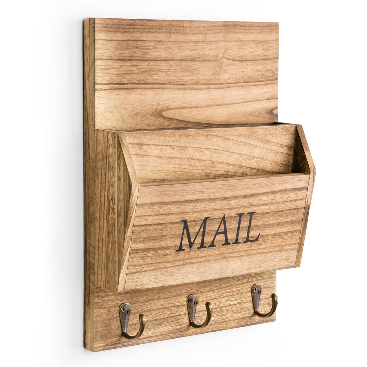 DLQuarts Mail Organizer with Key Holder for Wall Decorative Mail Sorter Wall Mounted, Wooden Mail Holder with 3 Hooks, Carbonized Brown