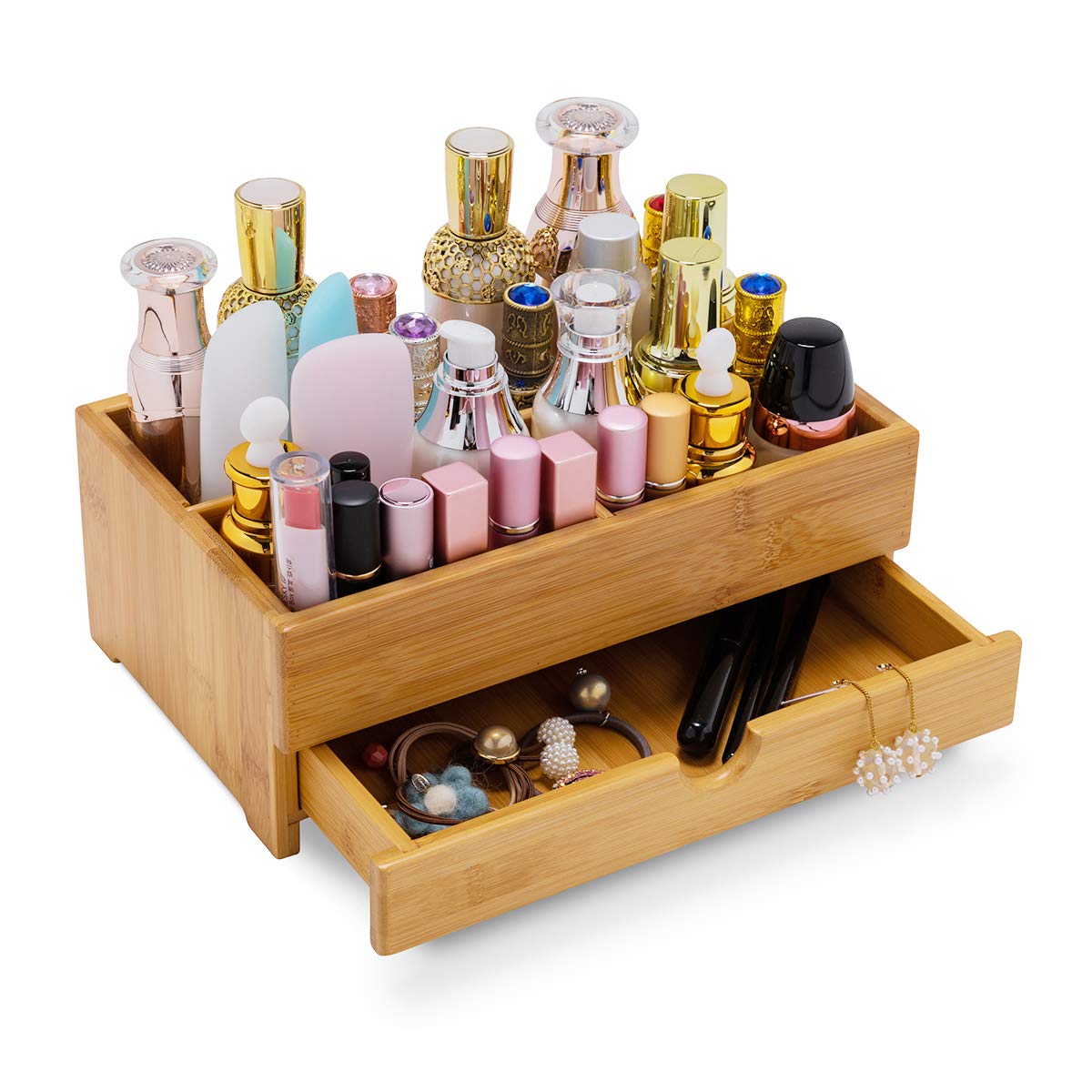 GOBAM Makeup Storage Drawer Organizer Bamboo Wood Cosmetic Display Box, Large Capacity Bathroom Beauty Countertop Organizer, Great for Bathroom Dresser