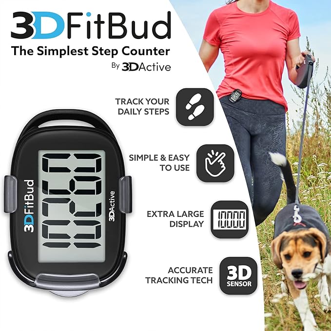 3DFitBud Simple Step Counter Walking 3D Pedometer from 3DActive with Clip & Lanyard - A420S