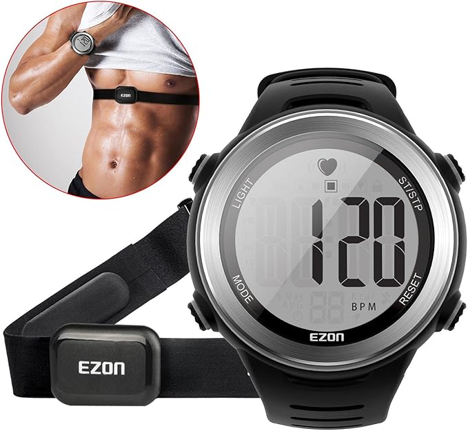 EZON Heart Rate Monitor and Chest Strap, Exercise Heart Rate Monitor, Sports Watch with HRM, Waterproof, Stopwatch, Hourly Chime T007