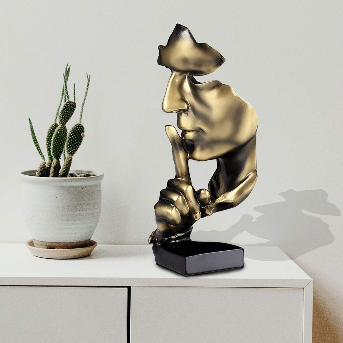 aboxoo Thinker Statue, Silence is Gold Abstract Art Figurine,Modern Home Resin Sculptures Decorative Objects,Table Top Decor for Livingroom Home Decor,Office Study Sculpture,Shh mask Statue(Gold)