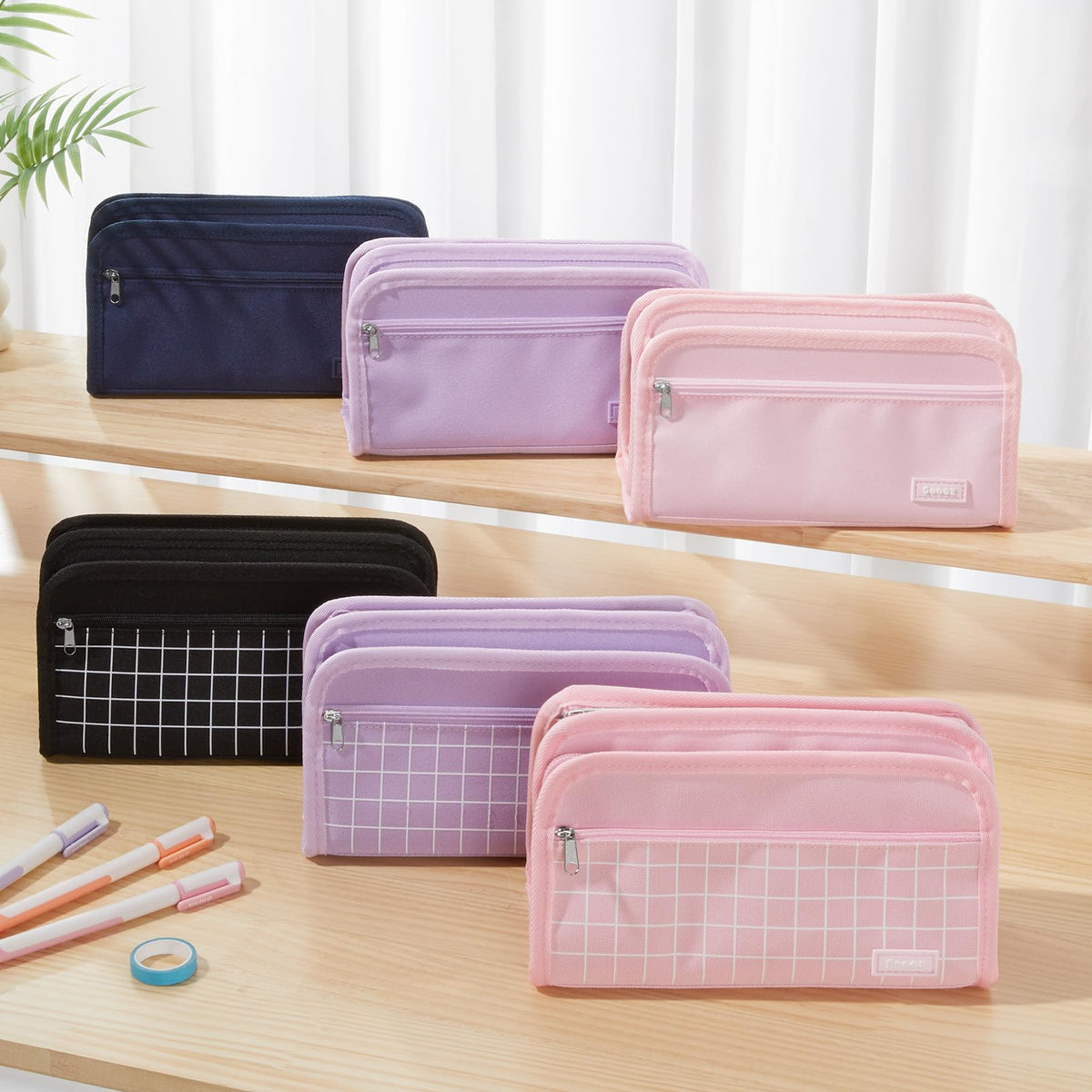 Sooez Large Pencil Case, Big Capacity Pencil Pouch Pen Bag with 3 Compartment, Portable Canvas Stationery Organizer with Zipper, Cute Aesthetic School Supplies for Teen Girls College, Pure Purple
