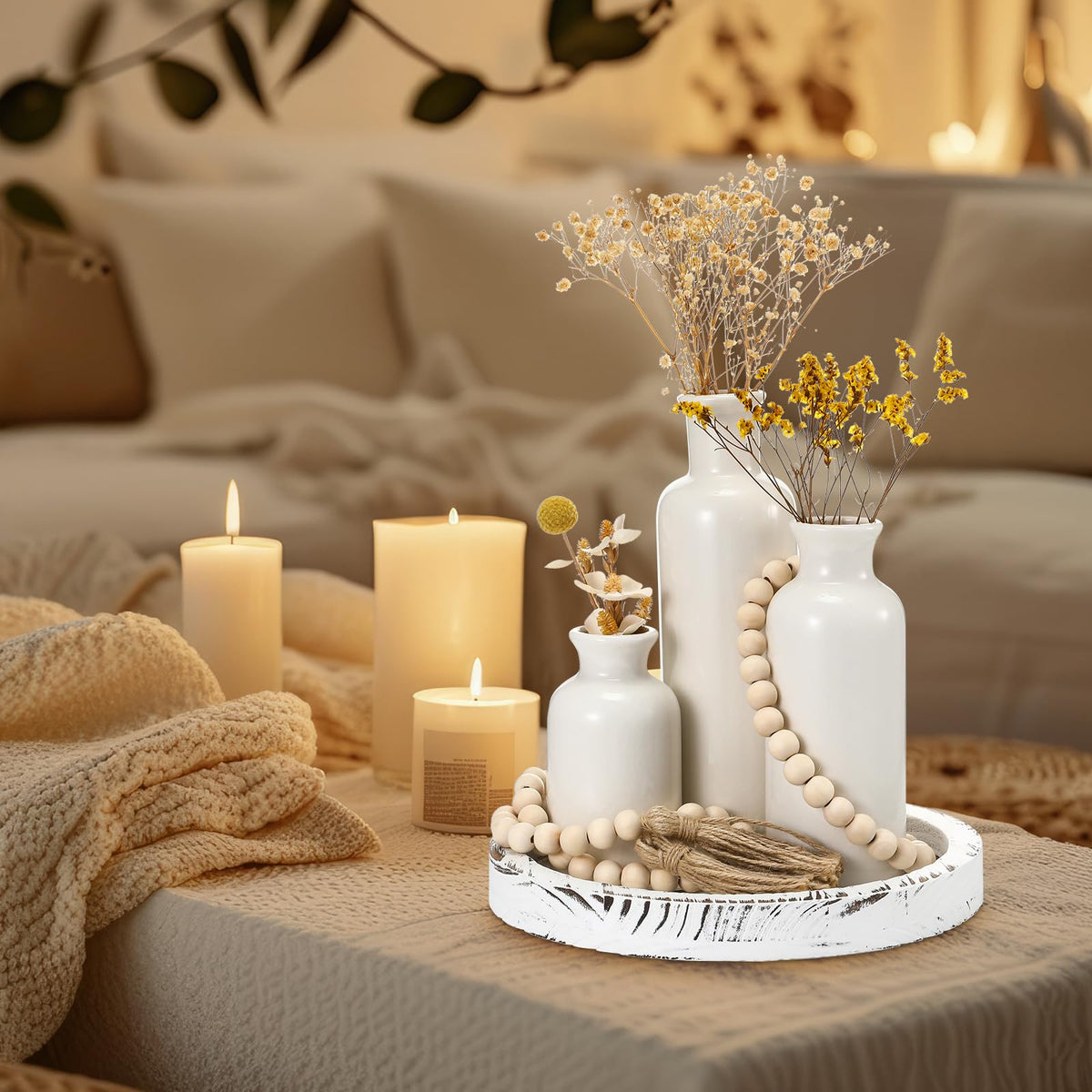 Tiangrid 5 Pcs Rustic Country Tabletop Centerpieces Decor Set of 3 Boho Ceramic Vases with Wooden Serving Tray Wood Bead Garland Tassels Table Holder for Home Decorations(White)