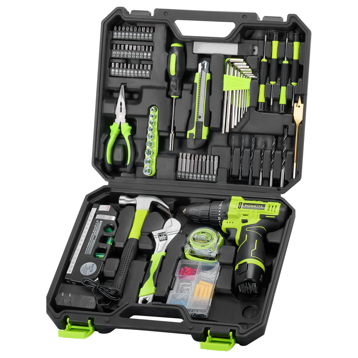 POWKITS Cordless Drill Tool Set: 12V Power Drill Tool Kit with Battery & Charger, Portable Household Basic Drills Case for Men & Women, Homeowner, Diyer, Handyman, 142 Piece
