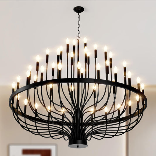 VBKK 60" 48-Light Extra Large Chandelier, Black Foyer Chandeliers for High Ceilings, Modern Farmhouse Light Fixtures for Dining Room Kitchen Island, E12 Vintage Rustic Industrial Candle Chandeliers