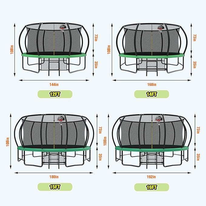 12 14 15 16FT Outdoor Trampolines for Kids and Adults, Pumpkin Trampolin with Curved Poles, Recreational Trampolin with Basketball Hoop and Safety Enclosure Net for Kids and Adults
