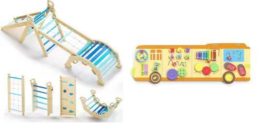 BlueWood 2024 8 in 1 Pikler Triangle Climbing Set, School Bus Wall Busy Board Panels