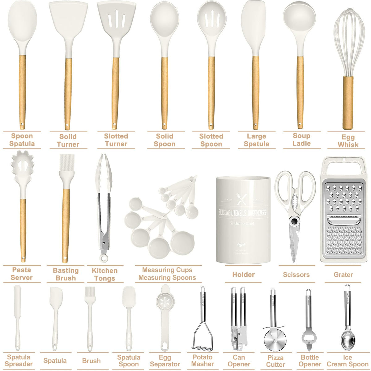 Umite Chef Silicone Kitchen Utensil Set, 34PCS Heat Resistant Kitchen Gadgets and Tools With Grater, Cream White Wood Handles for Nonstick Cookware