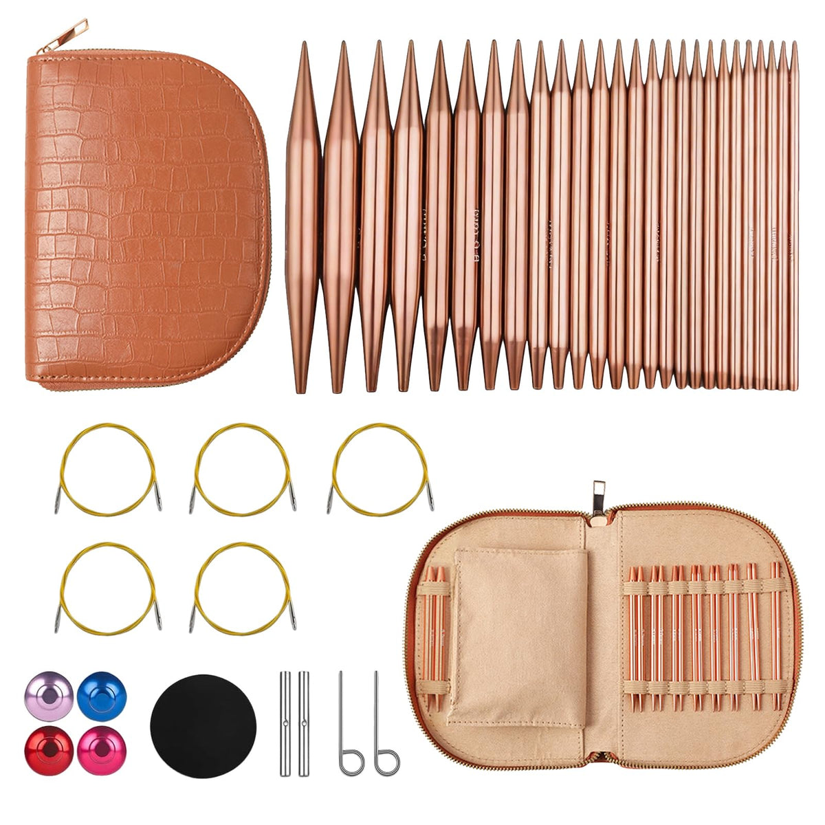 LYMIGER 13 Pairs Interchangeable Circular Knitting Needles Set, 4in Knitting Needles Set Aluminum 3-10mm with 20cm, 40cm, 60cm, 80cm, 100cm Rotatable Cables, Knitting Accessories and Case (Rose Gold)