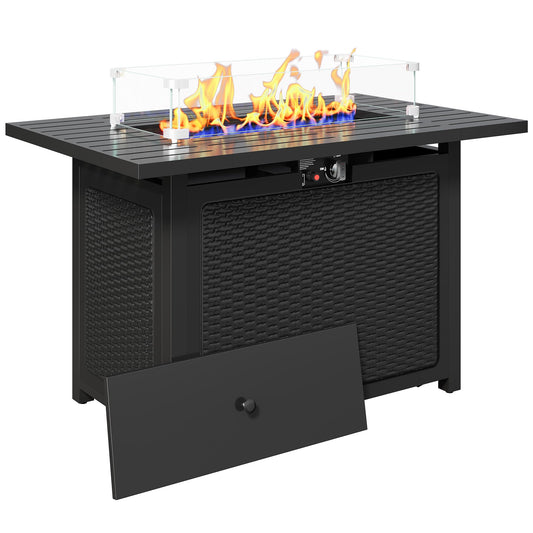 FansaFurn 43” Outdoor Propane Fire Table Set with Heavy-Duty Glass Stones, Glass Wind Guard, Lid & Water-Resistant Cover, 50,000 BTU Metal Fire Pit Table, Rectangle Fire Pit Table for Patio, Deck