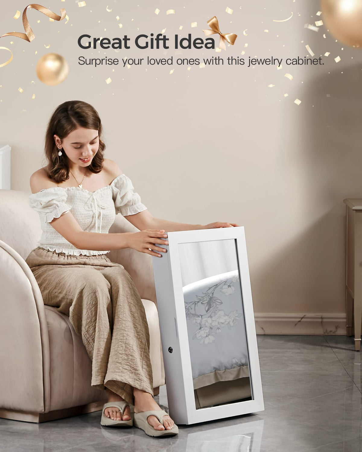 SONGMICS Lockable Jewelry Cabinet Armoire with Mirror, Wall-Mounted Space Saving Jewelry Storage Organizer, White UJJC51WT