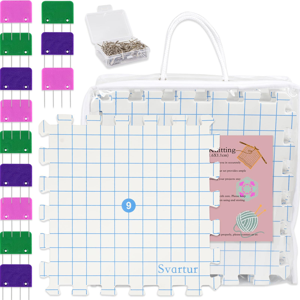 Svartur Interlocking Blocking Mat for Knitting and Crochet Projects, 9 Pack Knitting Blocking Mats with Blocking Comb Pins, T-pins, Crochet Blocking Board, Knitting Mat with Grid Line, Storage Bag