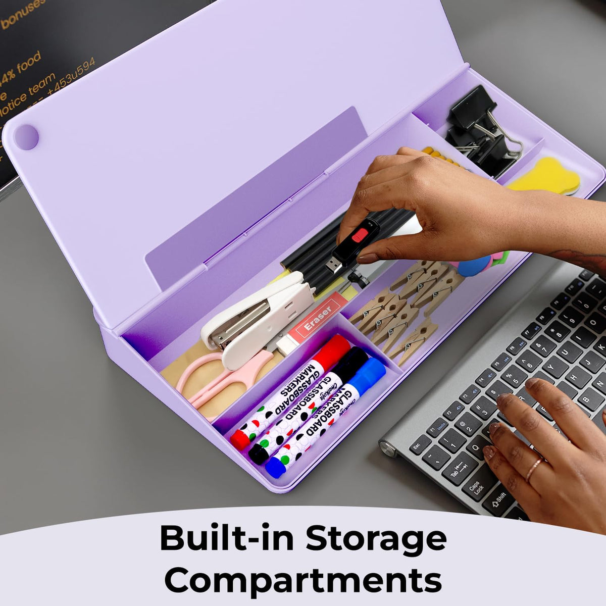 Chalkola Lavender Glass Desktop Whiteboard with Storage - Dry Erase Board, Work Desk Organizers, Computer Keyboard Stand, Home Office Desk Accessories, Workspace Desktop Buddy + 3 Markers