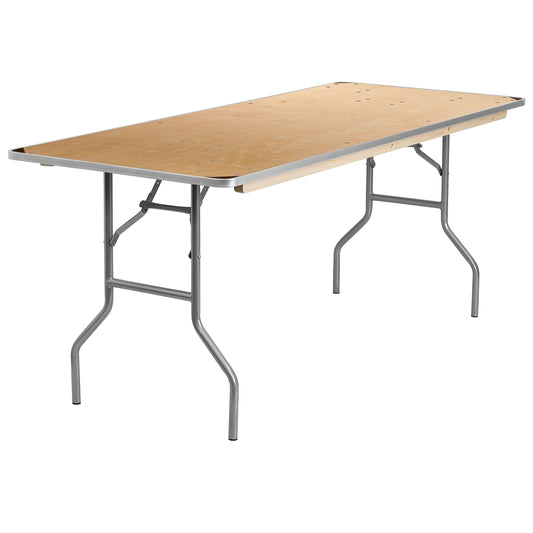 Flash Furniture Fielder 6-Foot Rectangular HEAVY DUTY Birchwood Folding Banquet Table with METAL Edges and Protective Corner Guards
