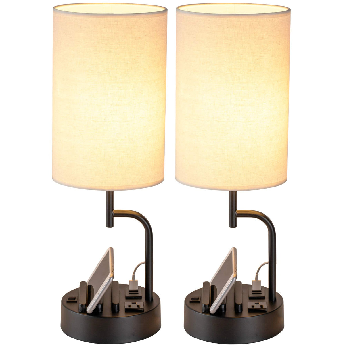 Dreamholder Table Lamp with 3 USB Charging Ports, Modern Desk Lamp with AC Outlet and Phone Stands, Perfect Bedside Lamp for Bedroom, Living Room, Office (Pack of 2), Cream