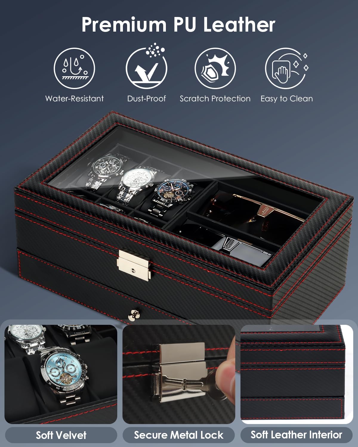 Kukikan Watch Jewelry Box Organizer, 6-Slot 2-Layer Watch Case and Sunglasses Storage with Large Glass Lid, Men's Jewelry Box with Lock, Watch Holder Display Case, Gift for Men Women