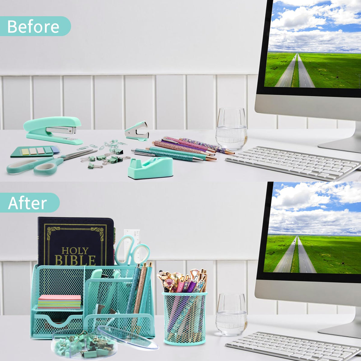 12 in 1 Green Desk Organizers & Accessories Set, Office Supplies Include Stapler, Pen Holder, Tape Holder, Scissors, Ruler, Staple Remover for Home & School