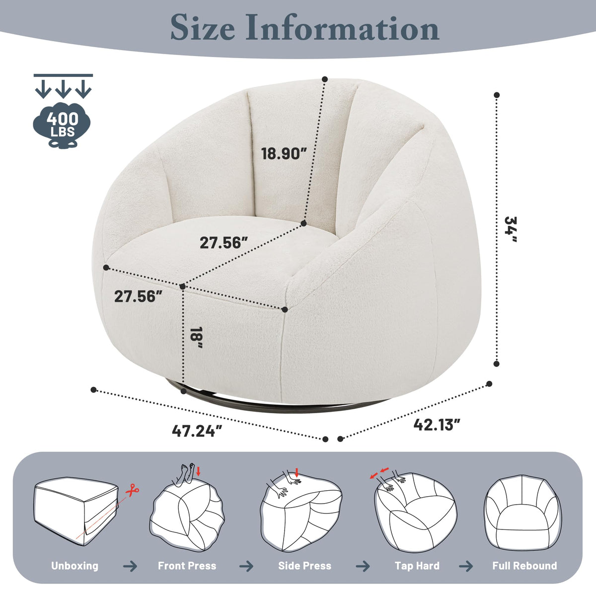 Gericco Swivel Giant Bean Bag Chair for Adults - Comfy Plush Round Shell Soft Accent Chair, Oversized Cozy Floor Sofa for Living Room, Bedroom & Game Rooms, Beige