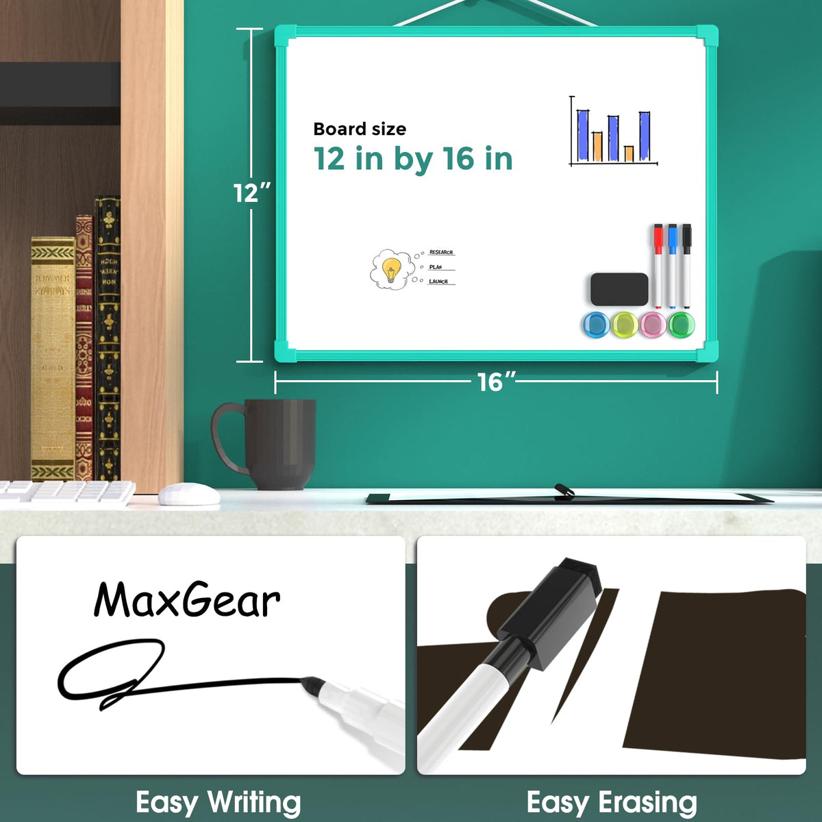 MaxGear Double-Sided Dry Erase Board for Wall, 16"x12" Hanging Whiteboard, Small Dry Erase White Board kit, Portable Whiteboard for Planning, Drawing, Memo, to Do List, Green Frame