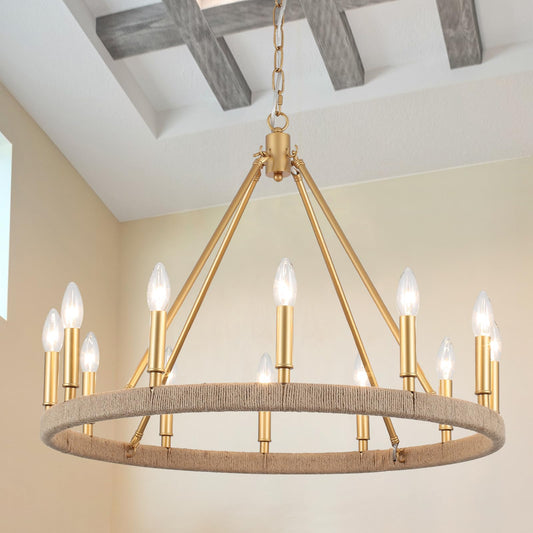ZJVAIVE 12-Lights Gold Wagon Wheel Chandelier 26.77" Large Gold Farmhouse Chandelier Vintage Circle Light Fixture for Dining Room Kitchen Island Height Ceiling Living Room