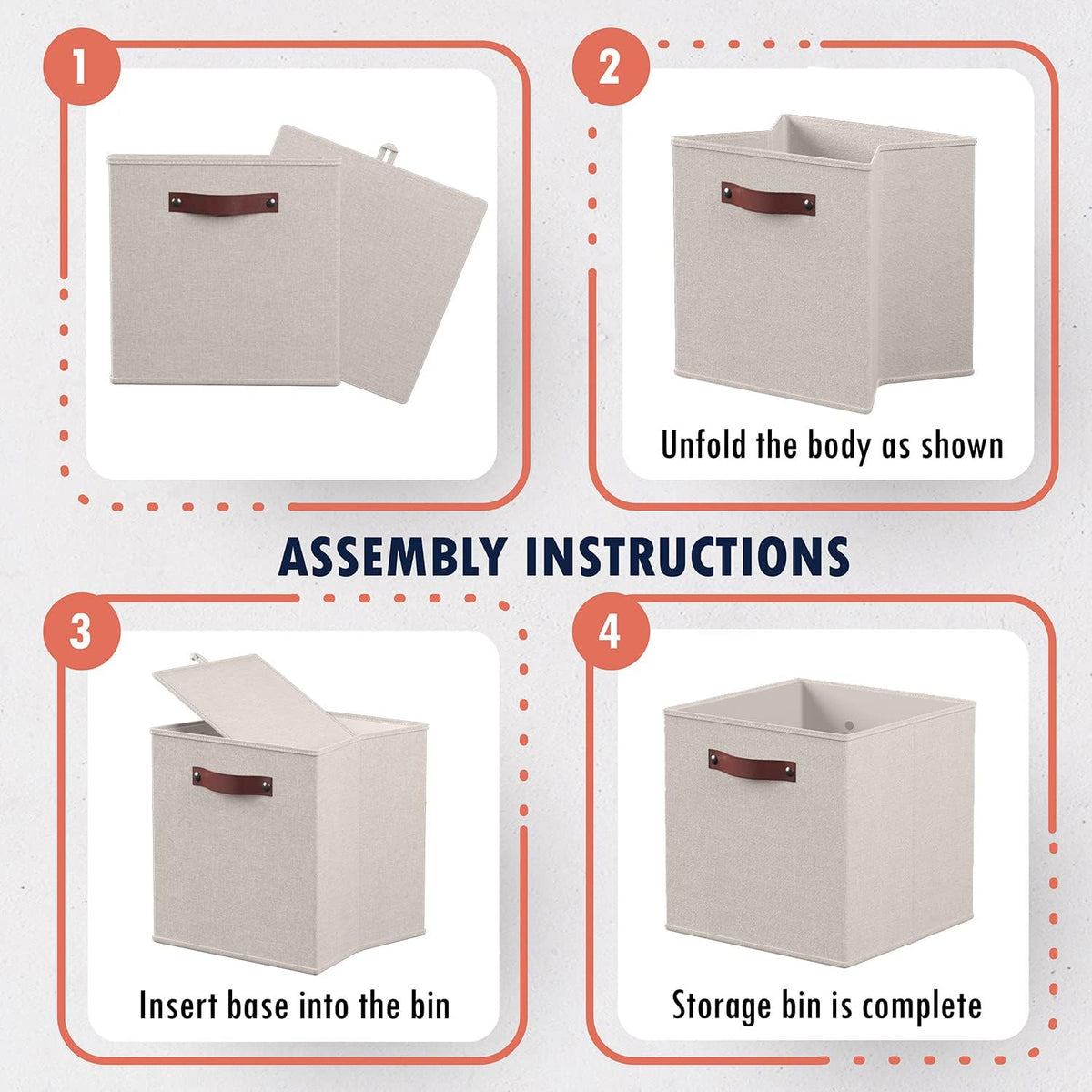 Ornavo Home Storage Cube Bins - Foldable Fabric Organizers with Leather Handles | 11x11 Inches, Beige, 6 Pack