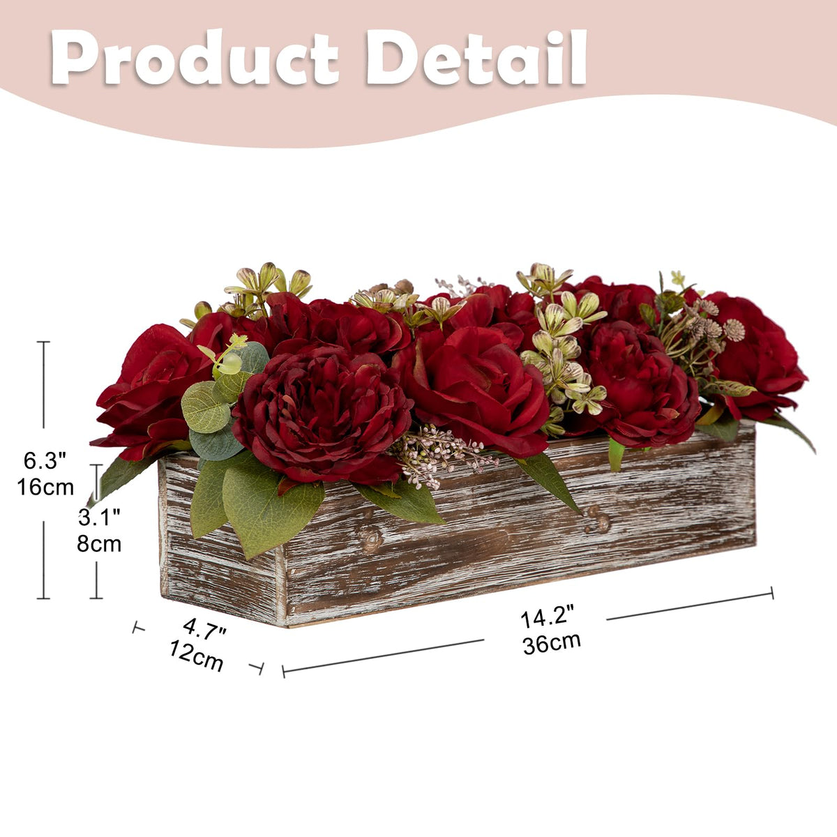 Flower Arrangement with Wooden Vase 14" Artificial Flowers in Pot - Fake Flowers Roses Peonies Hydrangeas in Wooden Vase Potted Artificial Flower Centerpieces for Table Decor Living Room - Red