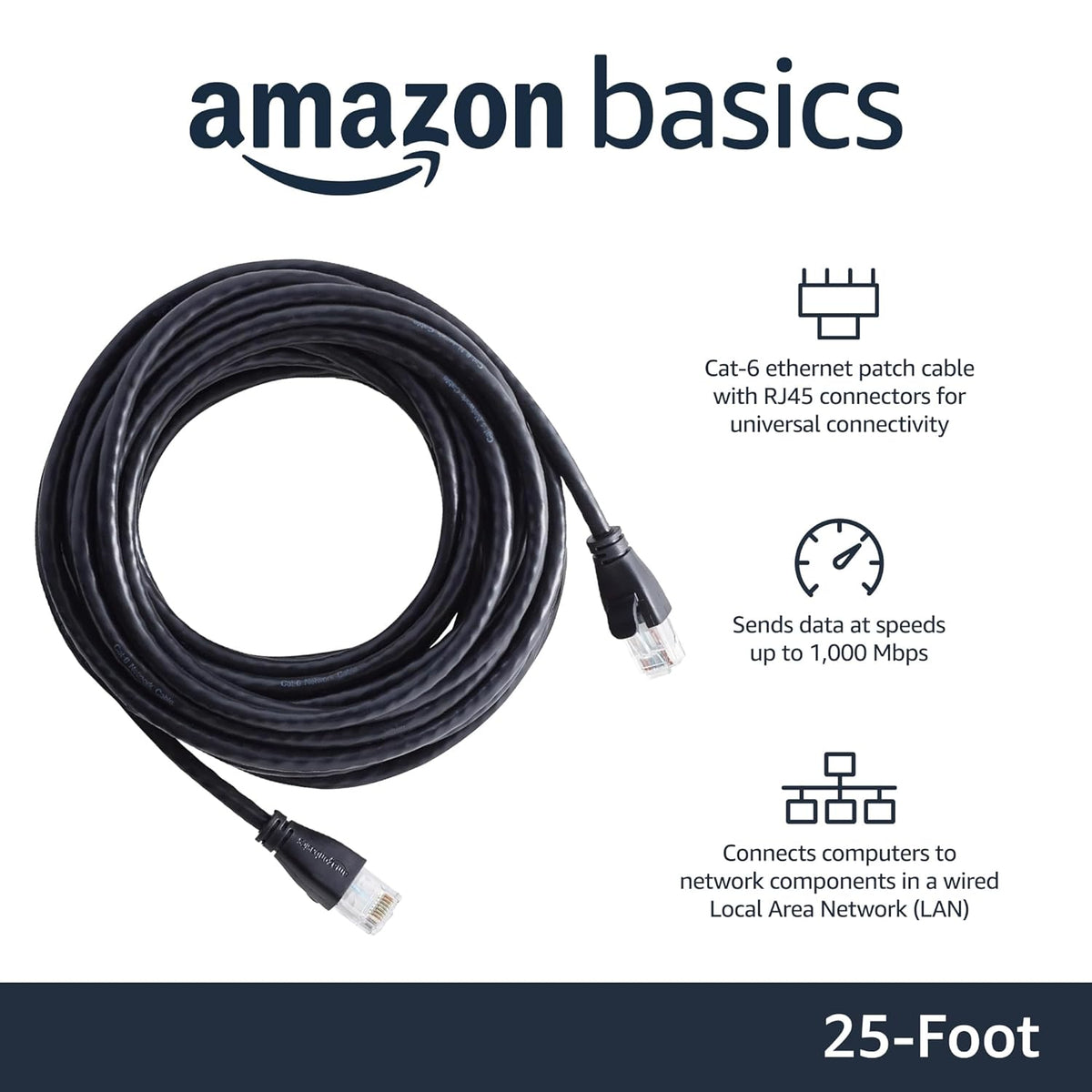 RJ45 Cat-6 1Gbps 25 ft/7.6m, Amazon Basics Ethernet Network Cable for Fast Gaming, Transfer Speed, Gigabit Ethernet