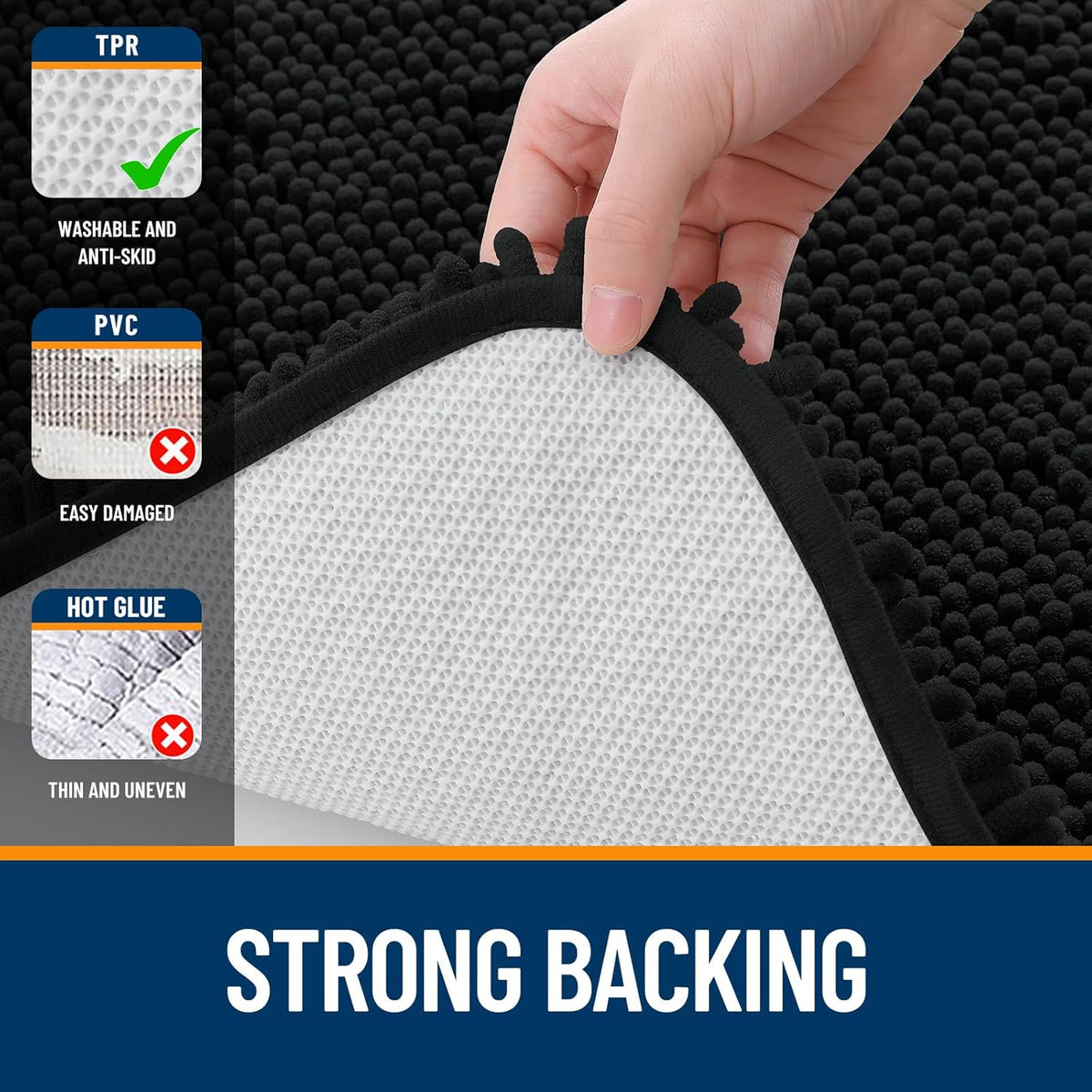 OLANLY Bathroom Rugs - Extra Soft Absorbent Chenille Mats | Quick-Dry, Machine Washable, 47x20", Black