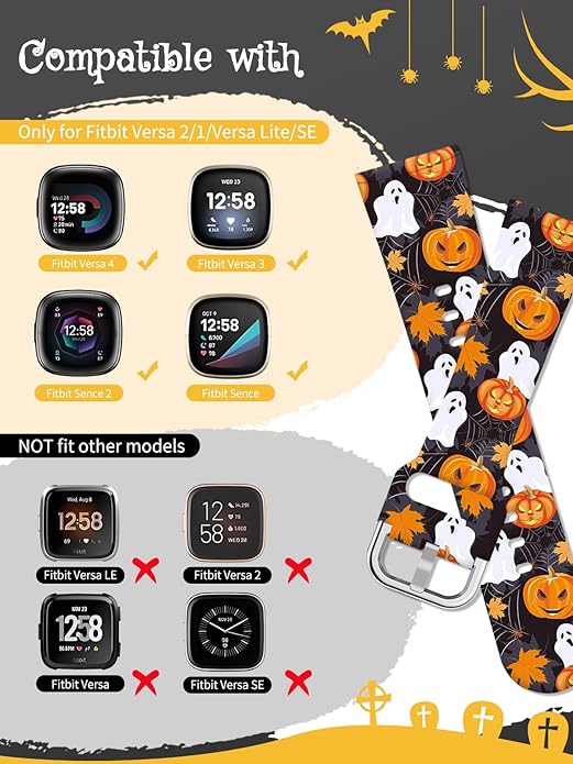 Watbro Halloween Holiday Band Compatible with Fitbit Versa 3 / Sense/Fitbit Versa 4 / Sense 2 Bands for Women Men,Soft Silicone Cute Sport Pumpkin Strap