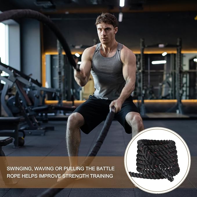 MECCANIXITY Battle Rope 40ft x 2 Inch Polyester Workout Rope Heavy Fitness Exercise Rope for Strength Training Home Gym Muscle Building, Black Red