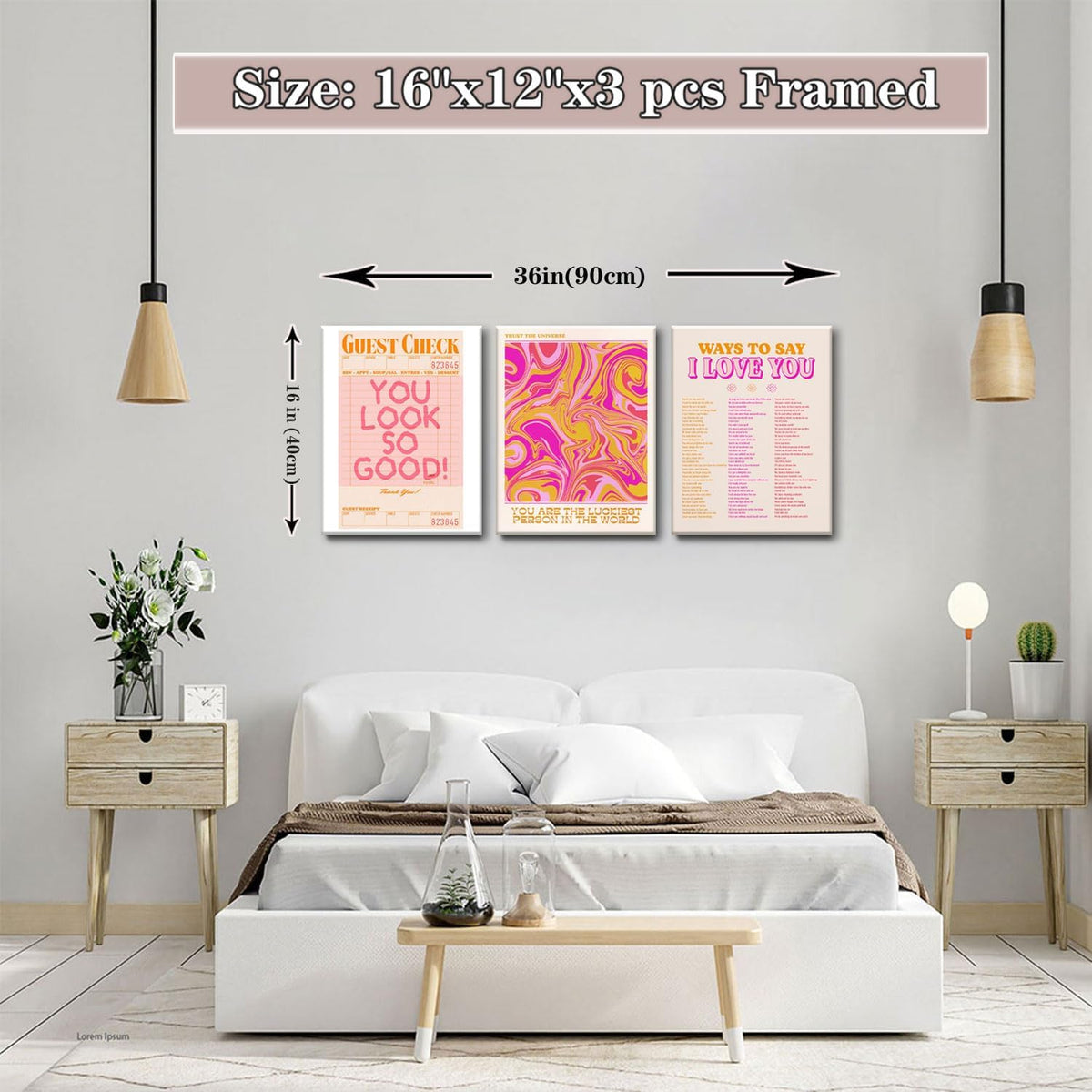 Pink Wall Decor - Canvas Art Set of 3 | Abstract Love Posters | Unique Framed Room Decor for Teens - 12x16''
