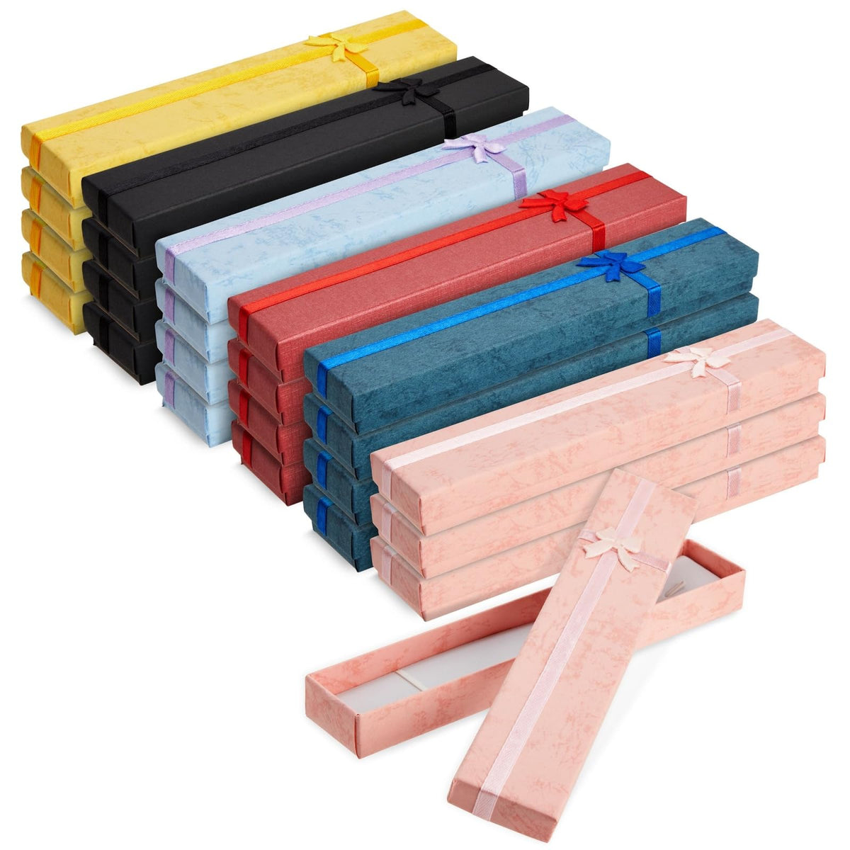 Juvale Necklace Boxes for Jewelry Gift - 24 Pack, 6 Colors, 7.9 x 1.6 In - Jewelry Gift Boxes with Foam Inserts & Ribbon Knot