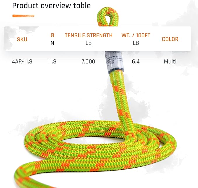 Pelican Rope Arborist Rope 11.8mm x 200Ft, USA Made High-Strength 24-Strands Static Climbing Rope - 5,400 lb Strength for Tree Climbing, Pulling, Outdoors & Swing - Yellow, Tight Spliced Eye