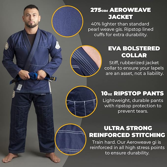 Gold BJJ Aeroweave Jiu Jitsu Gi - Ultra Lightweight BJJ Gi - Preshrunk Brazilian Jiu Jitsu Uniform for Men