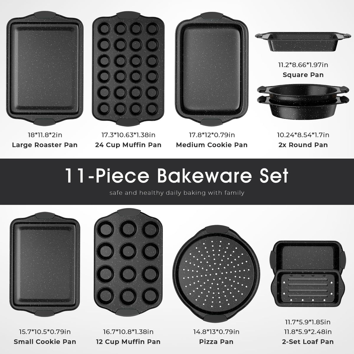 Skiennix 11-Piece Nonstick Baking Pan Set - Stackable Bakeware with Silicone Handles | Black