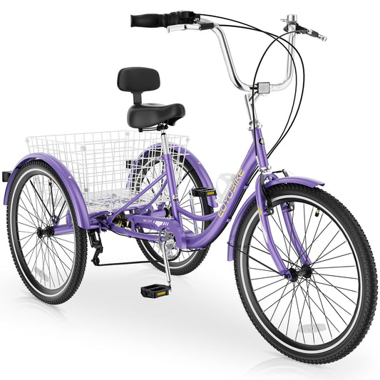 MOPHOTO Adult Tricycle 7 Speed, 20/24/26 Inch Low Step-Through Adult Trike with Large Rear Basket, 350 lbs Capacity 3 Wheel Bike for Seniors, Women and Men