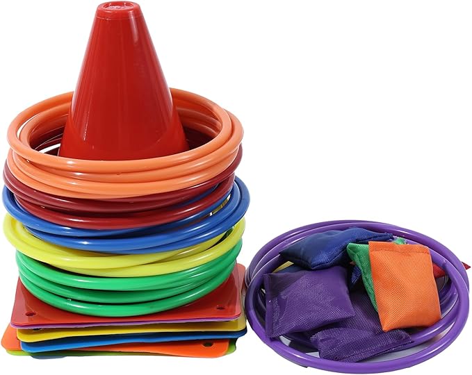 42 pcs 3-in-1 Carnival Games Set Plastic Colorful Cones Ring Toss Combo Set Outdoor Carnival Games Bean Bag for Kids Adults Birthday Party Outdoor Throwing Games