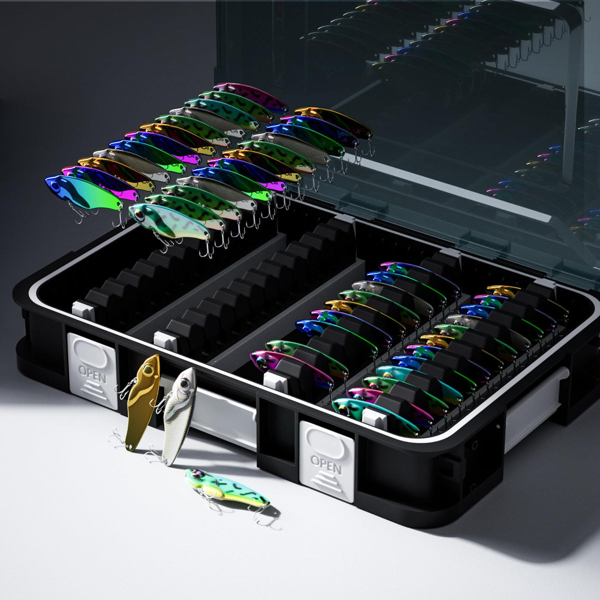 Tcakelox 2300 Lure Organize Lures Effortlessly Easy Storage for VIB, Minnow, Pencil Lures, DIY Modular System for Ultimate Customization Gift for Any Angler! (2300-2 VIB Storage 48pcs)
