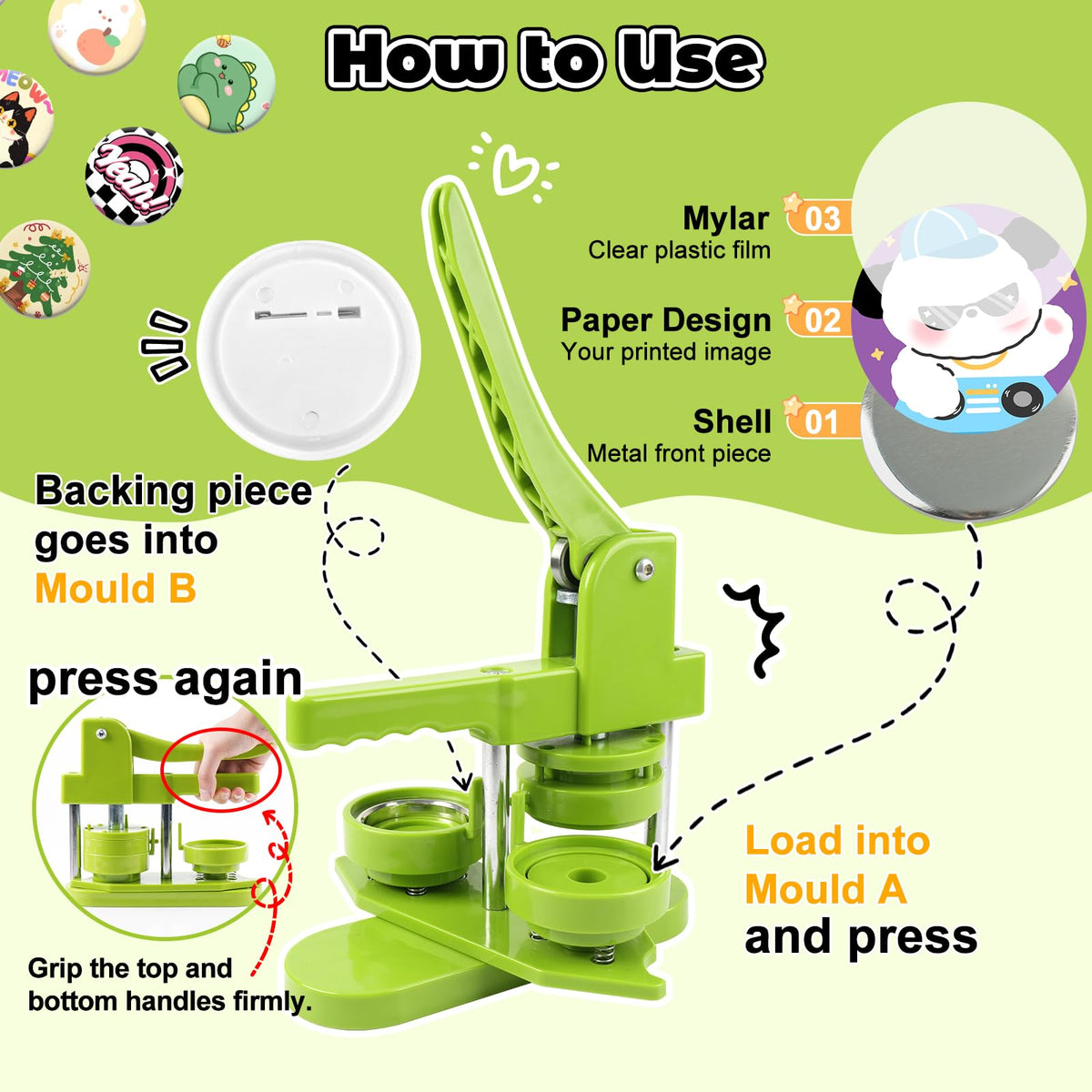 MK.Bear Button Maker Machine 58mm (2.25 in) Installation-Free, DIY Button Pin Maker Machine, Badge Punch Press with Free 100pcs Badge Supplies & Pictures & Circle Cutter