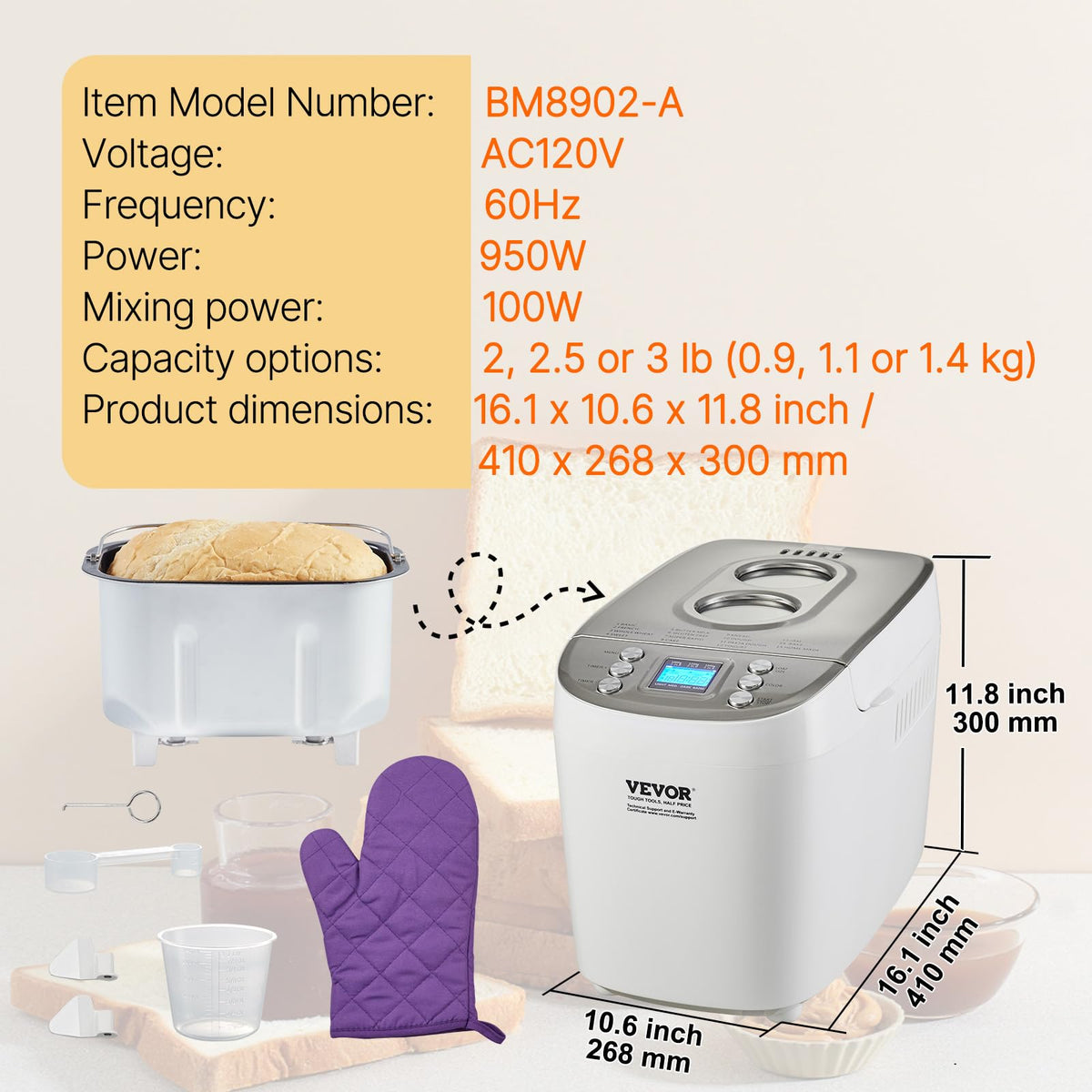VEVOR Bread Maker, Dough Machine 15 Menus in 1, Non-Stick Ceramic Pan Automatic Breadmaker with Non-Gluten Setting, Whole Wheat Bread Making, Digital, Programmable, 3 Loaf Sizes, 3 Crust Colors, White