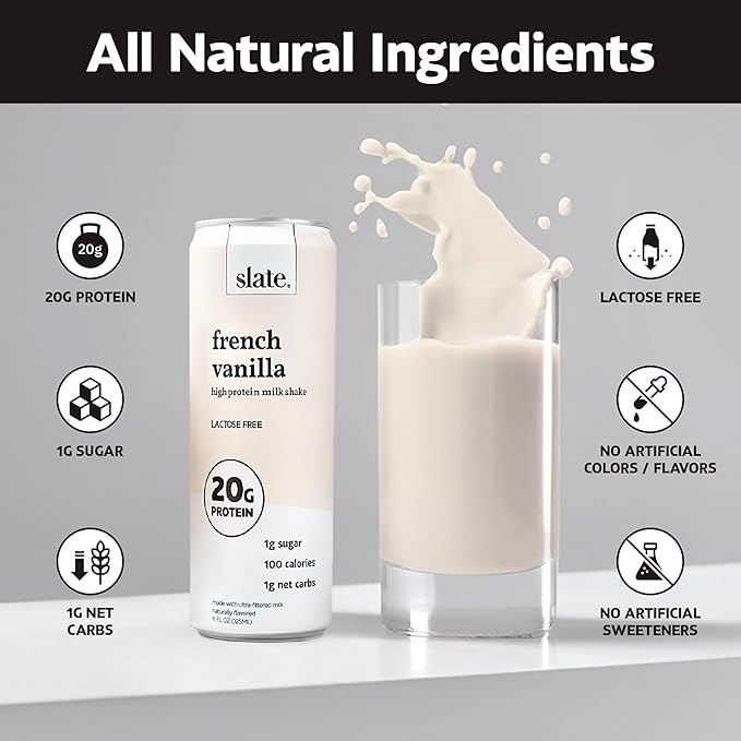 Slate Milk - High Protein Milk Shake - French Vanilla - Lactose Free, 20g Protein, 1g Sugar, 100 Calories, 1g Net Carbs, No Added Sugar - Natural, Breakfast Boost, Post Workout - 11 fl oz, 12 Cans