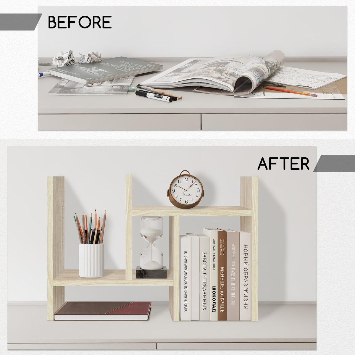 Jerry & Maggie Desktop Organizer Office Storage Rack Adjustable Wood Display Shelf Free Style Double H, Multi-Functional Mini Bookshelf for Desk Natural Stand (White Wood Tone)
