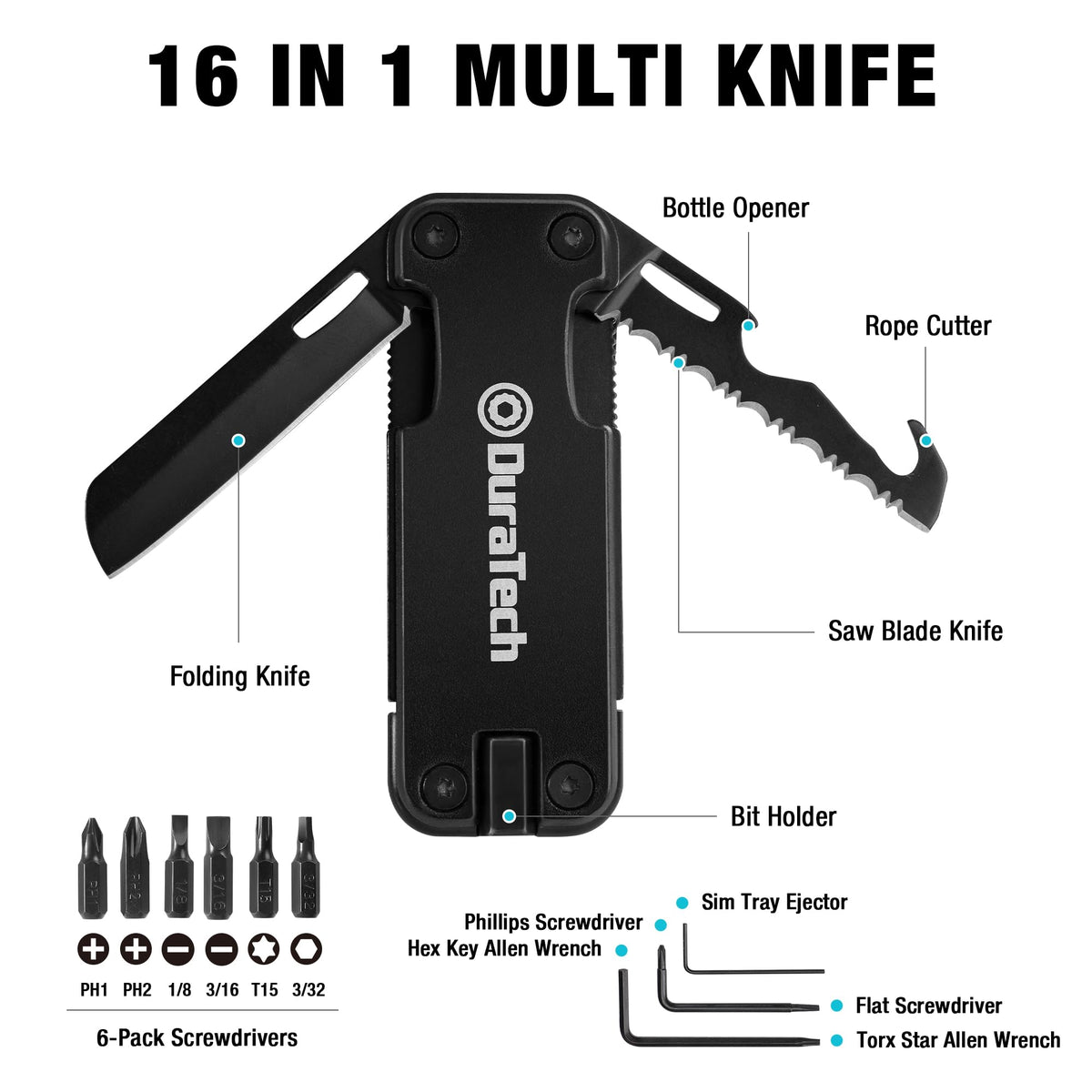 DuraTech 16-in-1 Multitool Knife, Gift for Men, Compact EDC Pocket Tool with Blade, Magnetic Bit Holder, 6 S2 Screwdriver Bits, Bottle Opener & Rope Cutter – Ideal for Camping, Hiking, Survival