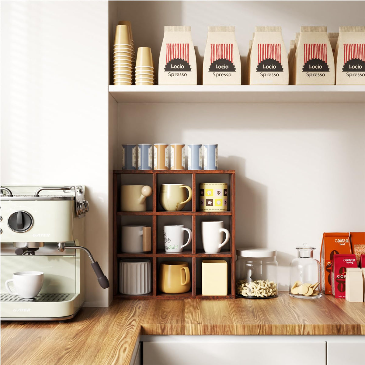 Helsin 9 Grid Vintage Coffee Mug Display Rack, 16inch Wall Mounted Wooden Curio Shadow Box Shelf, Cup Floating Shelves Display and Organizer (Bronze)