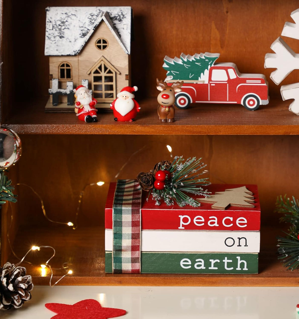 Regine Switzerland Christmas Wood Book Stack - Mini Faux Decorative Books with Pine Berry | Farmhouse Tiered Tray Decor