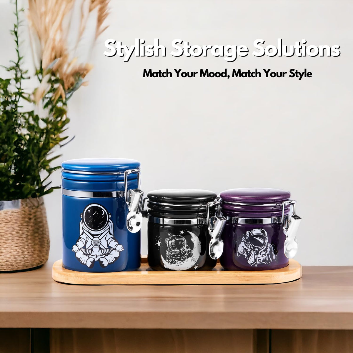 Astronaut Smell Proof Jar Bundle - 3 Pack (1L+2S), Pottery Smell Proof Container with Bamboo Holder Kit, Versatile Airtight Storage Set Cute Spaceman Gifts for Connoisseur - Blue Black Purple