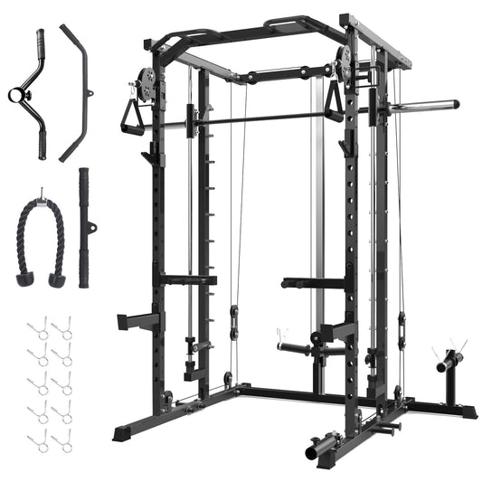 Garvee Power Cage, Smith Machine Squat Rack, Heavy Duty Power Rack for Home Gym with Pulley System, Dip Bar, LAT Pulldown, Multifunctional Squat Rack for Home Gym