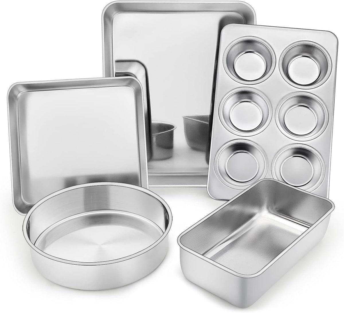 TeamFar Bakeware Set - Heavy-Duty Stainless Steel Baking Pans | 5-Piece Set with Cake, Loaf & Muffin Pans
